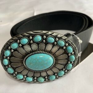 Fashion Belt Buckle Silver Metal Turquoise Blue Beads Womens Western Cowgirl